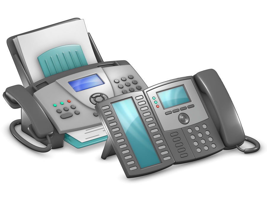 Cool 3D illustration of an office phone with an office fax machine behind it