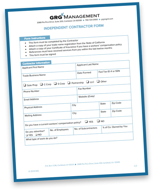 Image of Independent Contractor Form at an angle with blue border and a drop shadow